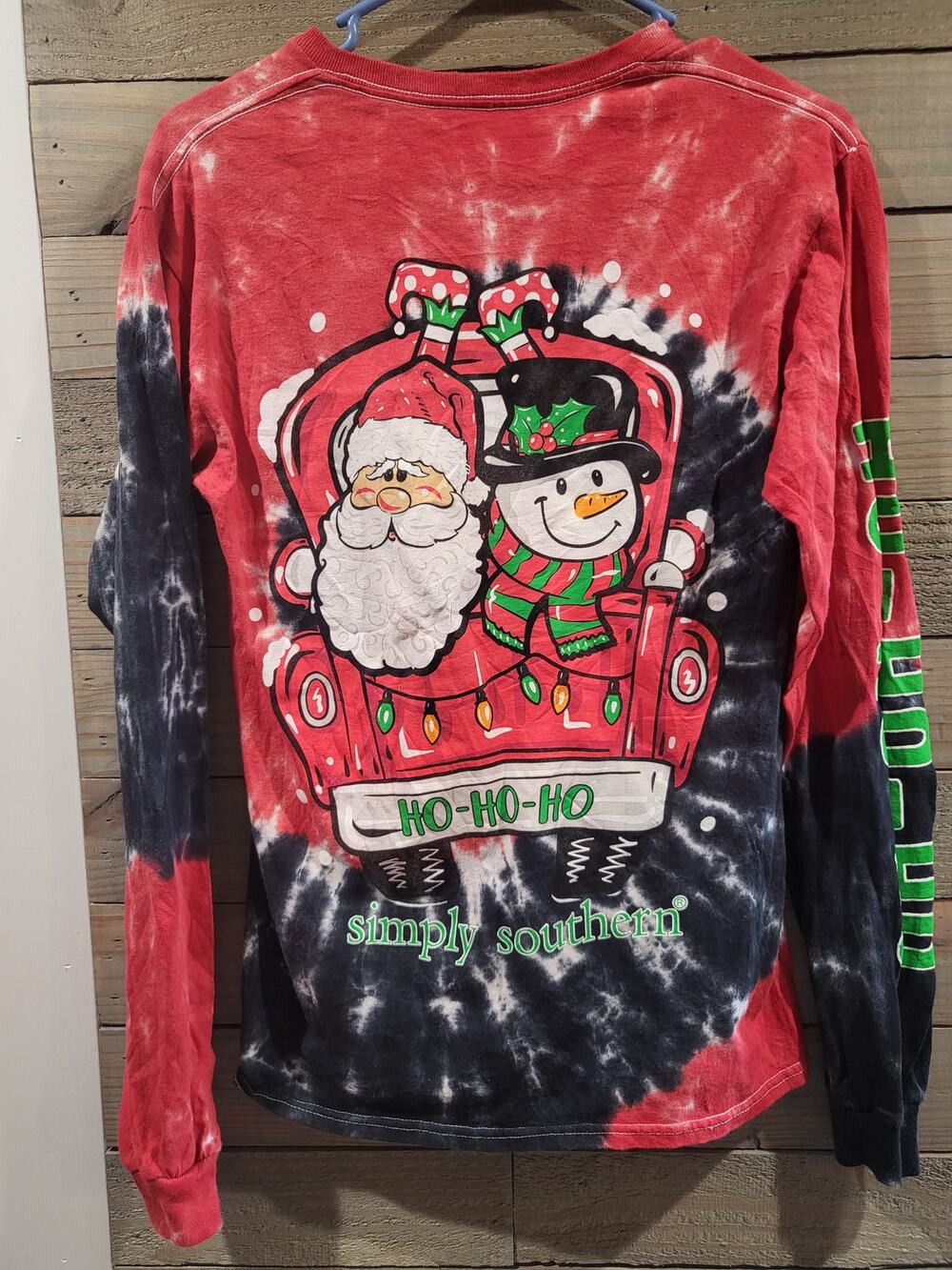Simply Southern Tie Dye Christmas Ho-Ho Small Santa Snowman Long Sleeve Shirt
